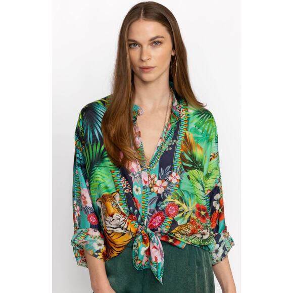 Johnny Was Tigres Et Fleurs Silk Button Down Shirt Tropical Tiger XS Blouse - Picture 2 of 11